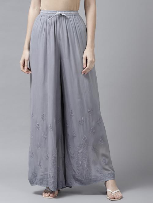 ada women's hand embroidered grey ethnic motifs embroidered flared handloom georgette palazzo - 19143174 - Standard Image - 0