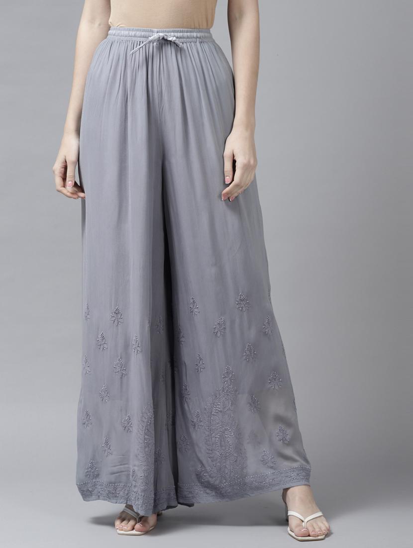 ada women's hand embroidered grey ethnic motifs embroidered flared handloom georgette palazzo - 19143174 - Zoom Image - 0