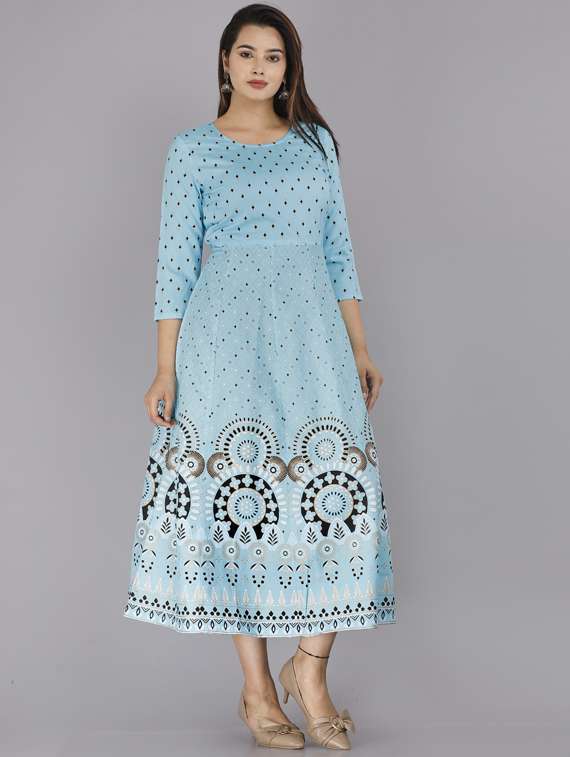 blue printed straight kurta - 19145476 - Standard Image - 5