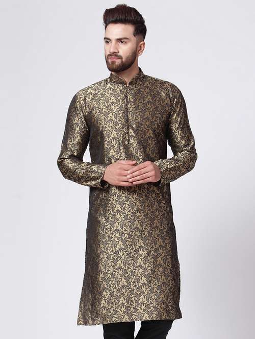 gold mandarin collar kurta - 19147554 -  Standard Image - 0