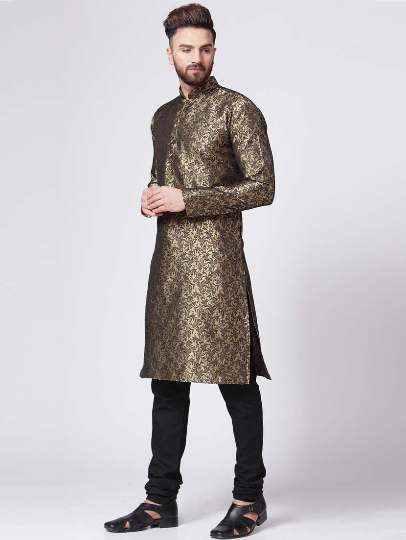gold mandarin collar kurta - 19147554 - Standard Image - 3