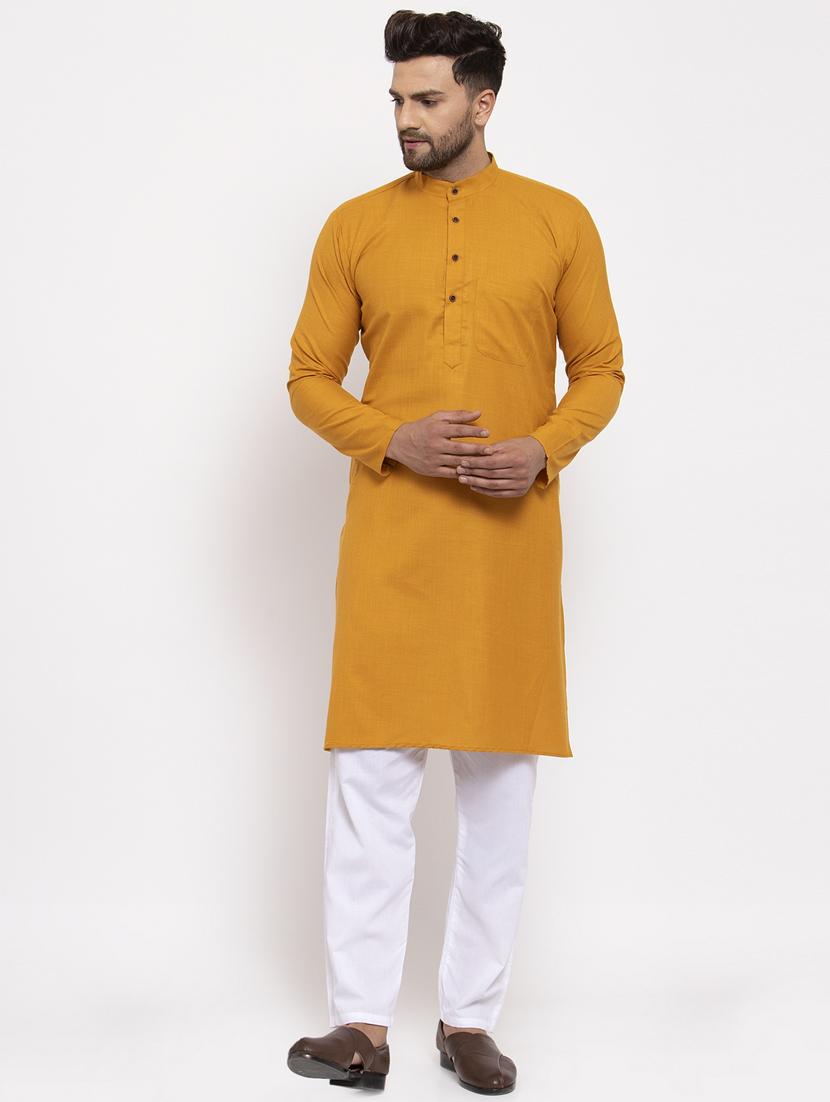 yellow mandarin collar kurta - 19147572 - Standard Image - 3