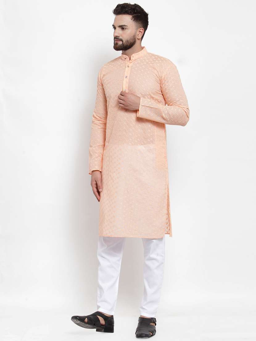Peach Mandarin Collar Kurta - 19147590 -  Standard Image - 3