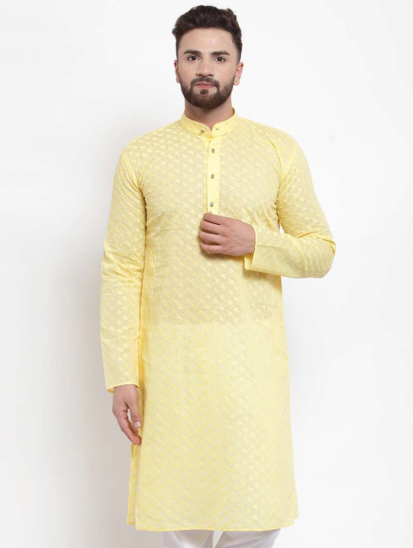 yellow mandarin collar kurta - 19147595 - Zoom Image - 0