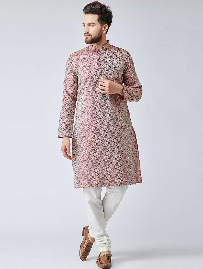red jacquard long kurta - 19147608 -  Standard Image - 3