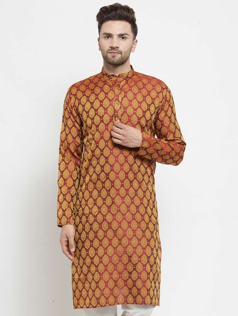 red coloured jacquard long kurta