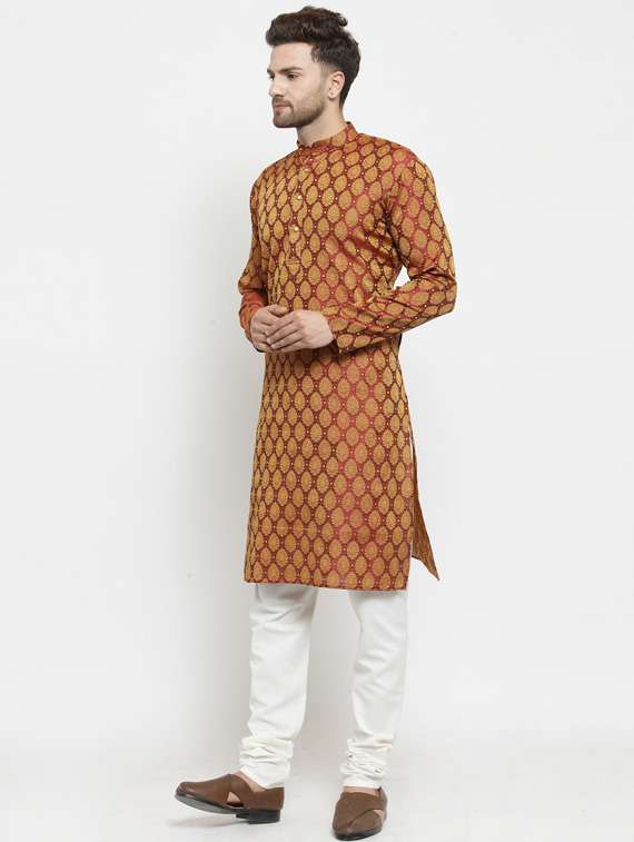 red coloured jacquard long kurta - 19147630 - Standard Image - 3