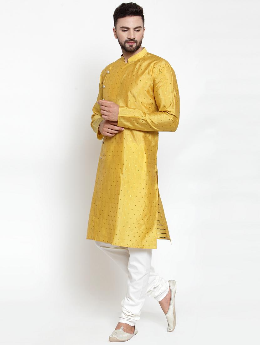 yellow coloured jacquard long kurta - 19147646 - Standard Image - 3