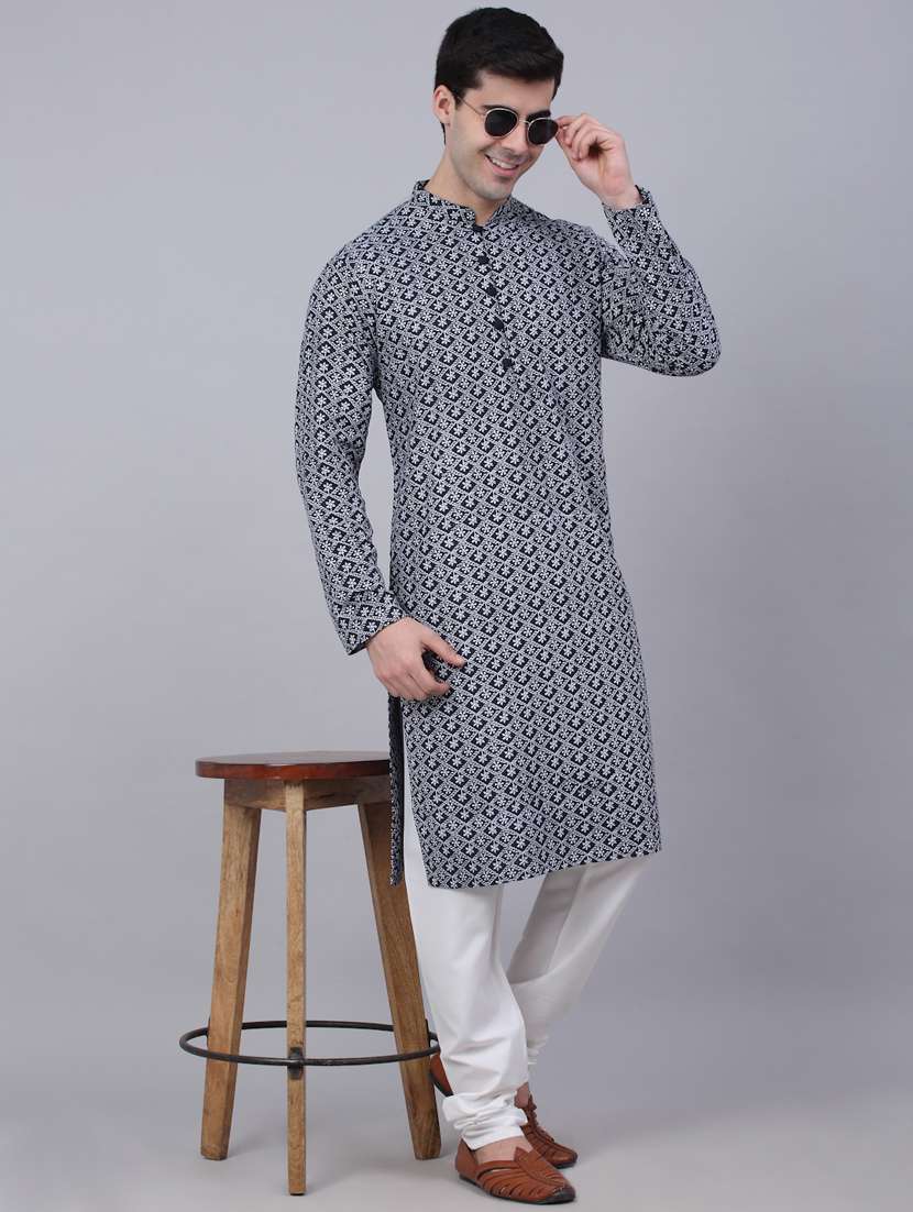 navy blue cotton long kurta - 19147779 -  Standard Image - 3