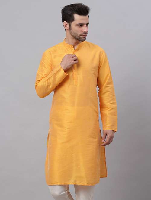 yellow dupion long kurta - 19147823 -  Standard Image - 0