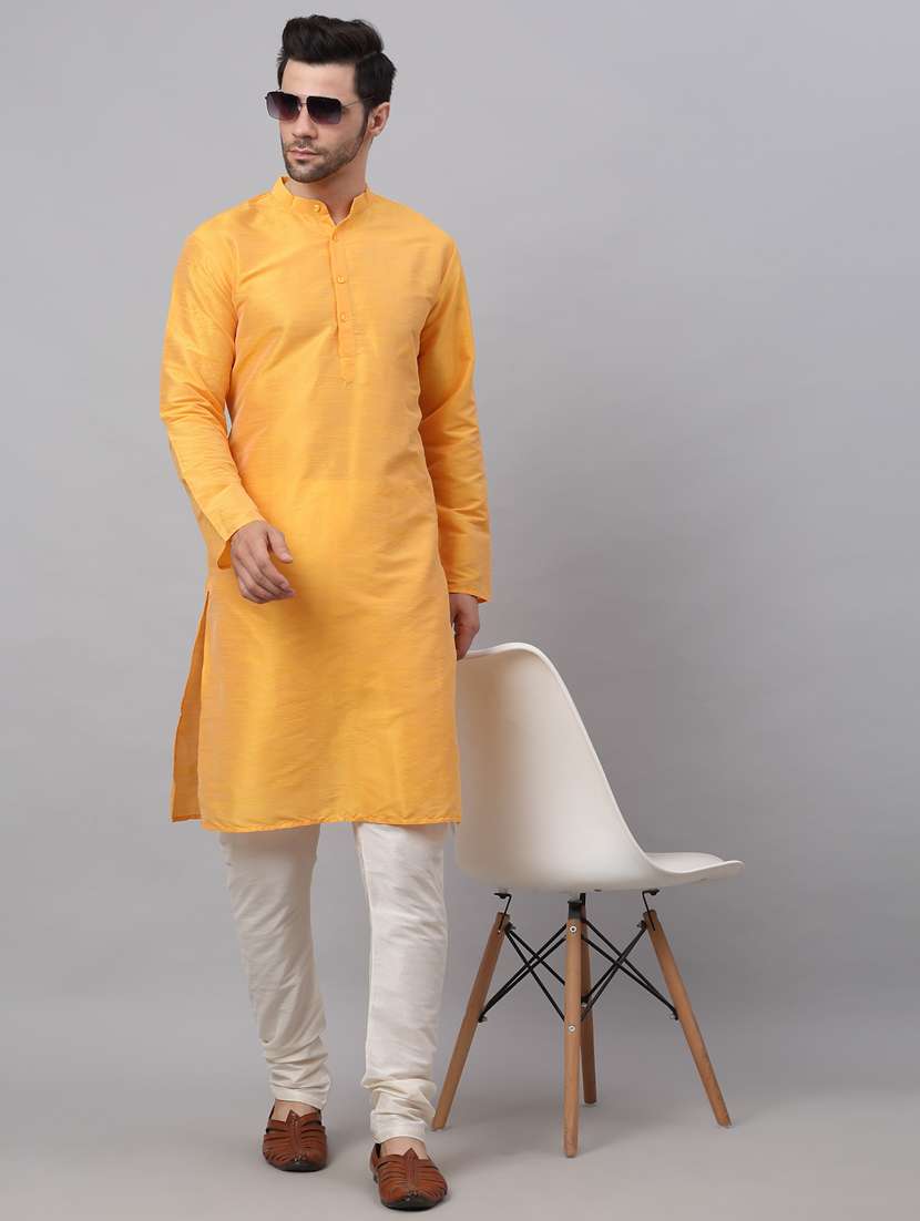 yellow dupion long kurta - 19147823 - Standard Image - 3