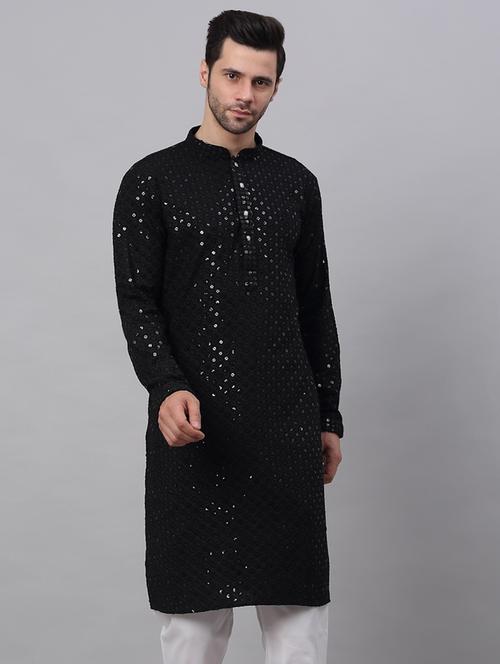 black mandarin neck embroidered kurta - 19148028 - Standard Image - 0