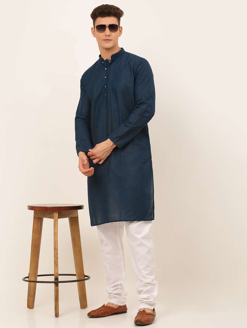 teal blue cotton kurta pyjama ethnic wear - 19148457 -  Standard Image - 3