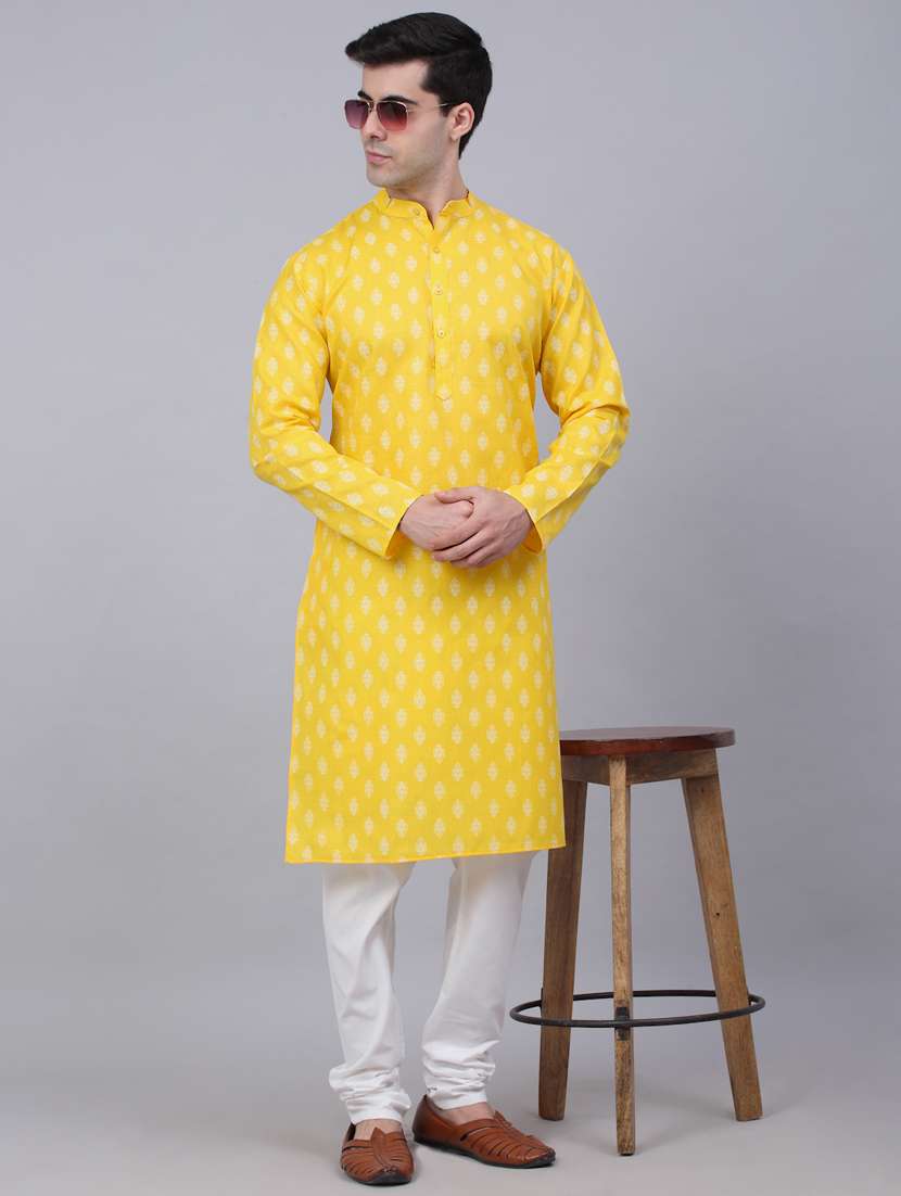 men yellow printed kurta pyjama ethnic wear sets