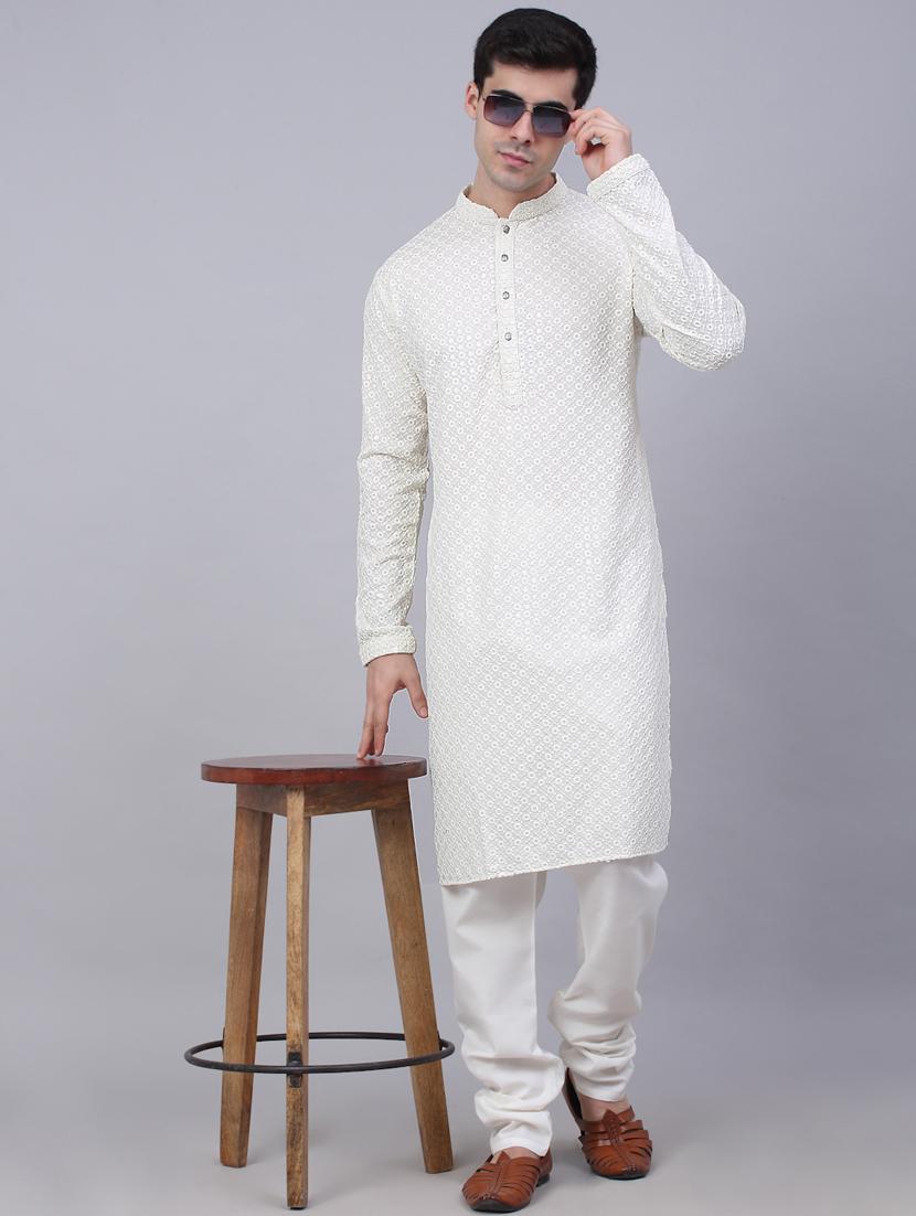 white cotton kurta pyjama ethnic wear set - 19148631 - Standard Image - 3