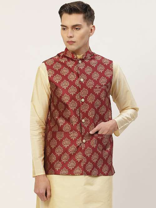 mandarin neck printed nehru jacket - 19148802 -  Standard Image - 0