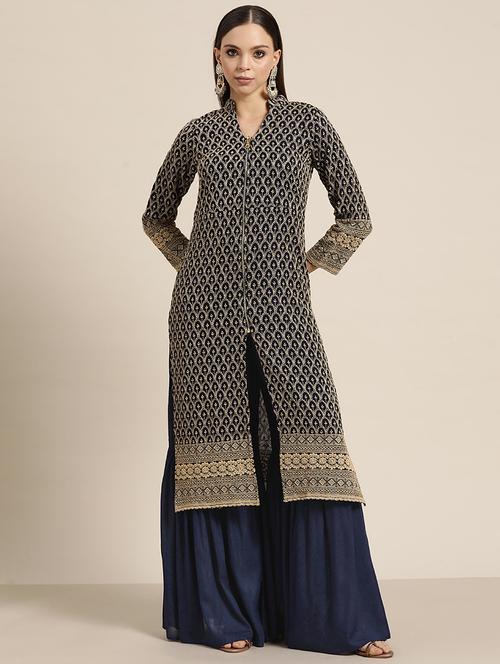 navy blue solid with work kurta sharara set - 19148983 - Standard Image - 0