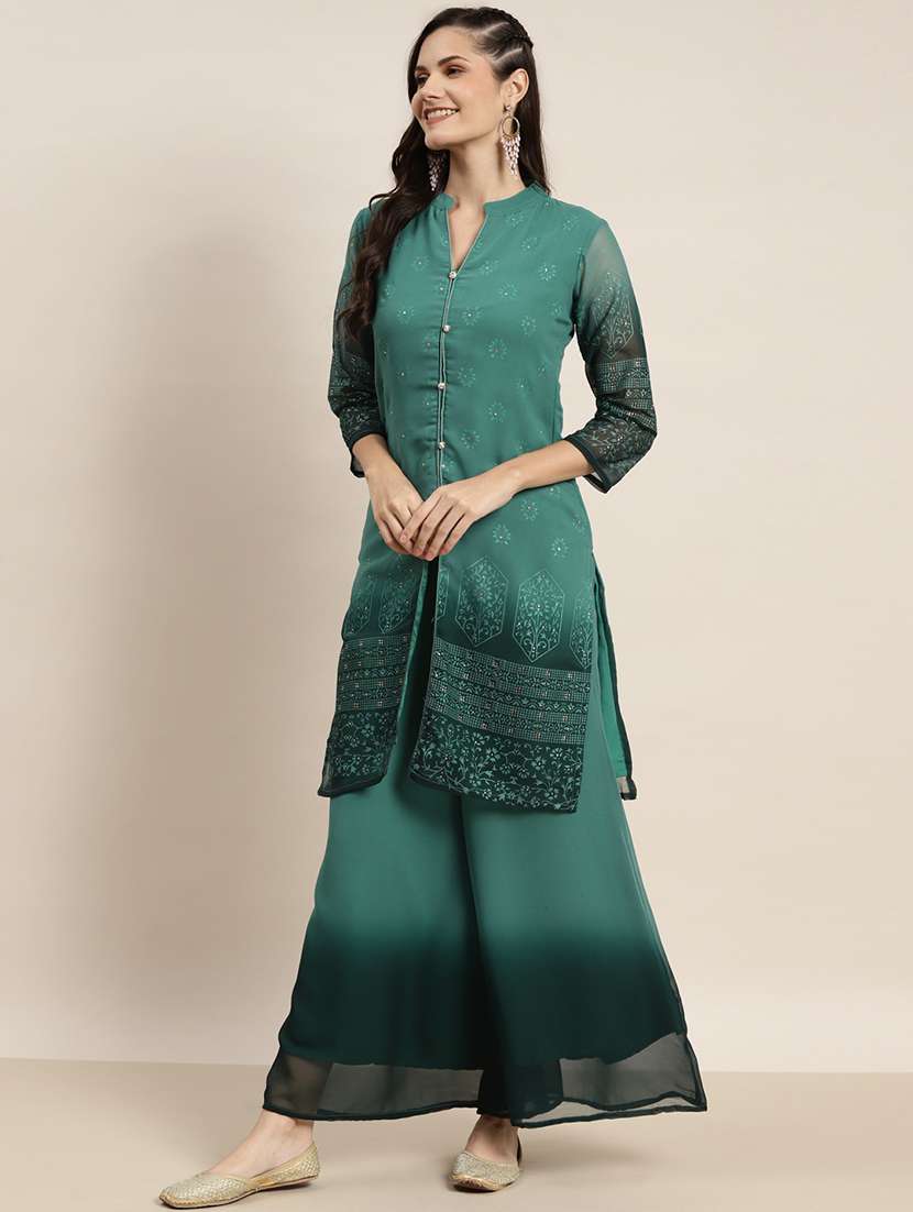 women green mandarin neck kurta palazzo set