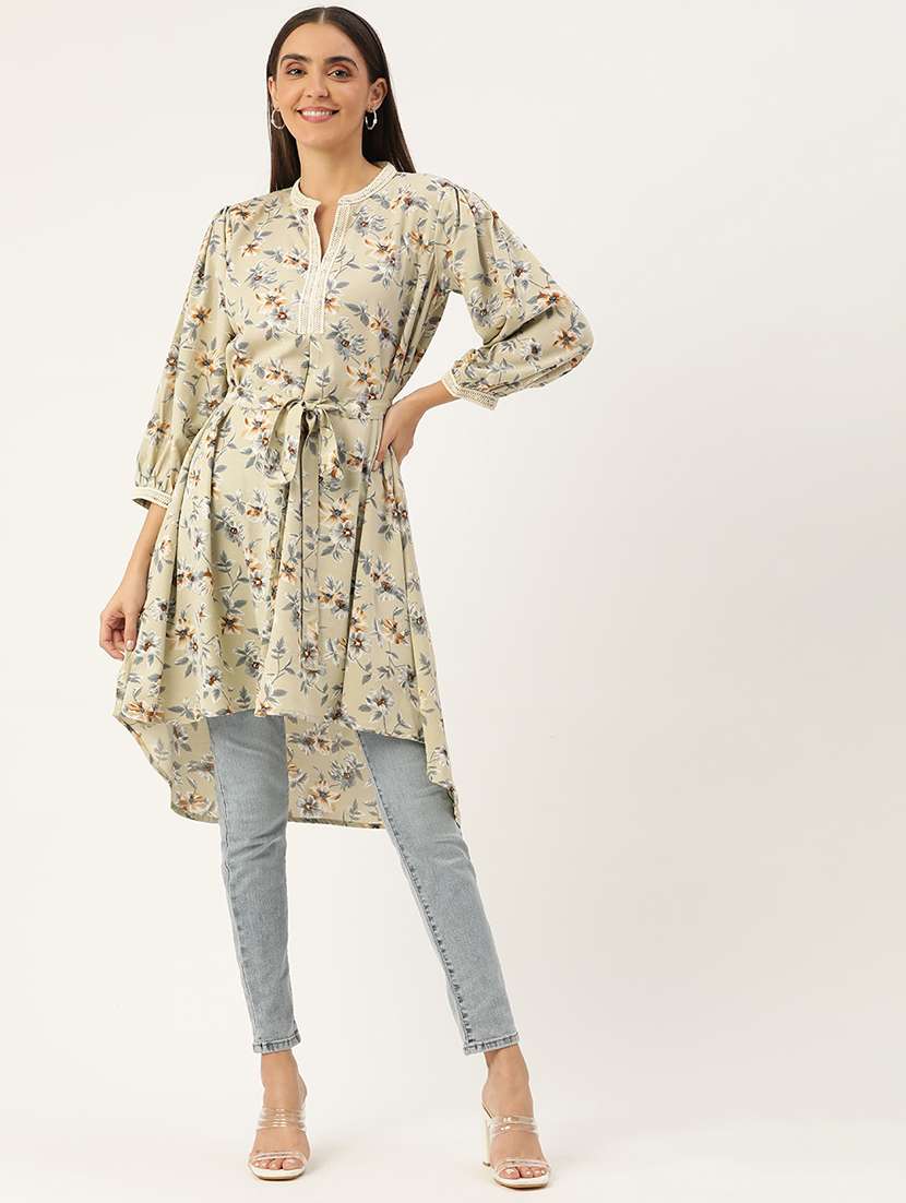 beige printed high low kurti