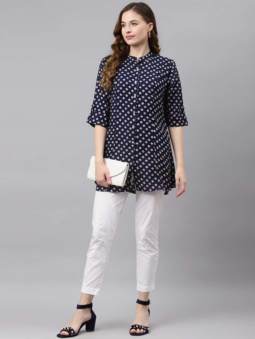 blue mandarin neck printed tunic - 19154678 -  Standard Image - 3