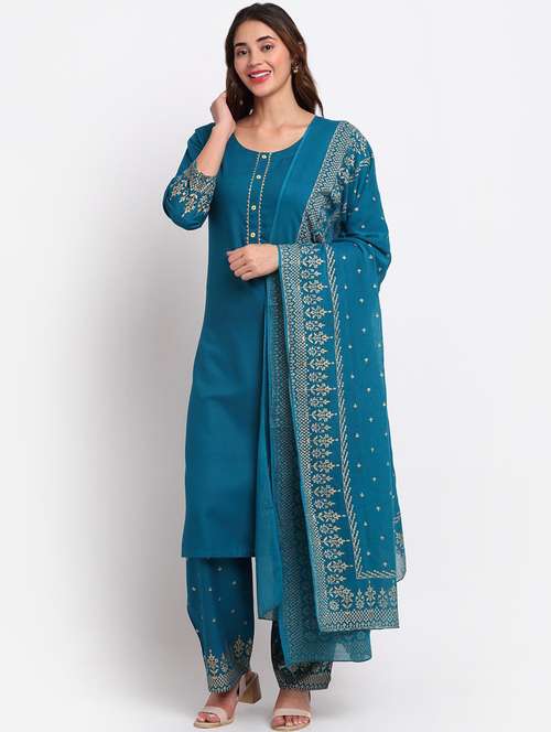 women three quarter sleeve kurta palazzo with dupatta set - 19157493 - Standard Image - 0