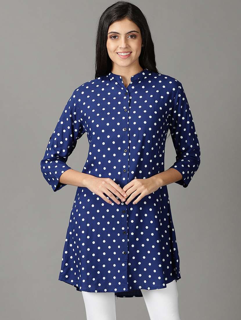 Buy online Mandarin Neck Polka Dot Long Shirt from western wear
