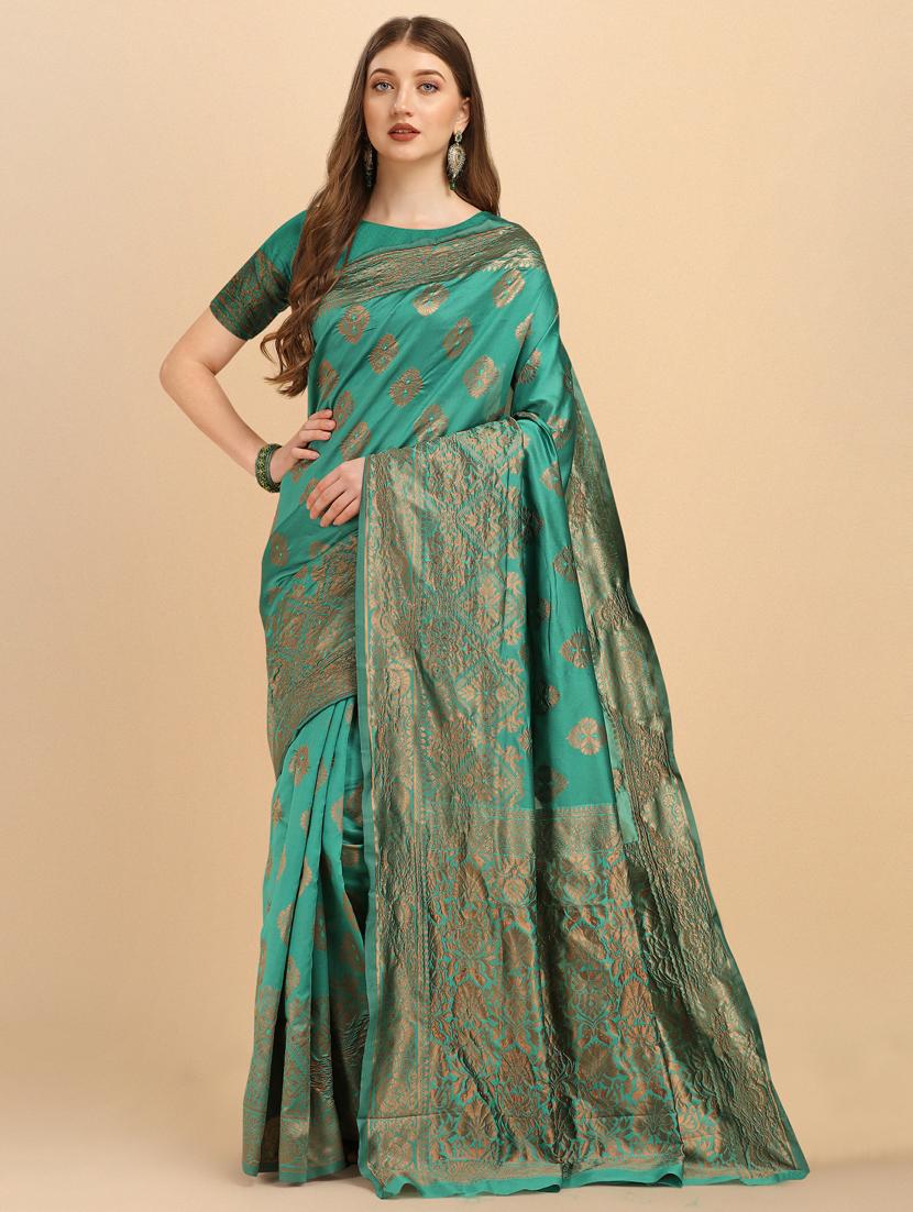 teal woven saree with blouse - 19161170 -  Zoom Image - 0