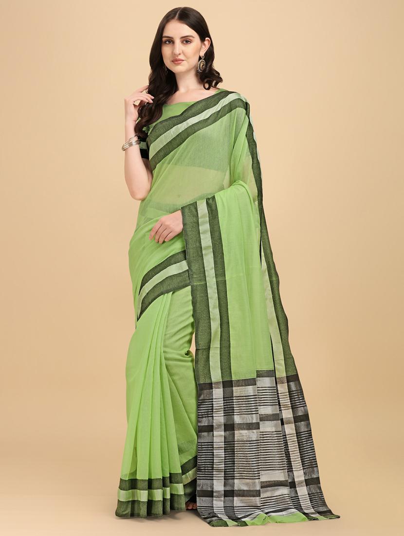 olive cotton chanderi saree with blouse - 19161212 - Zoom Image - 0