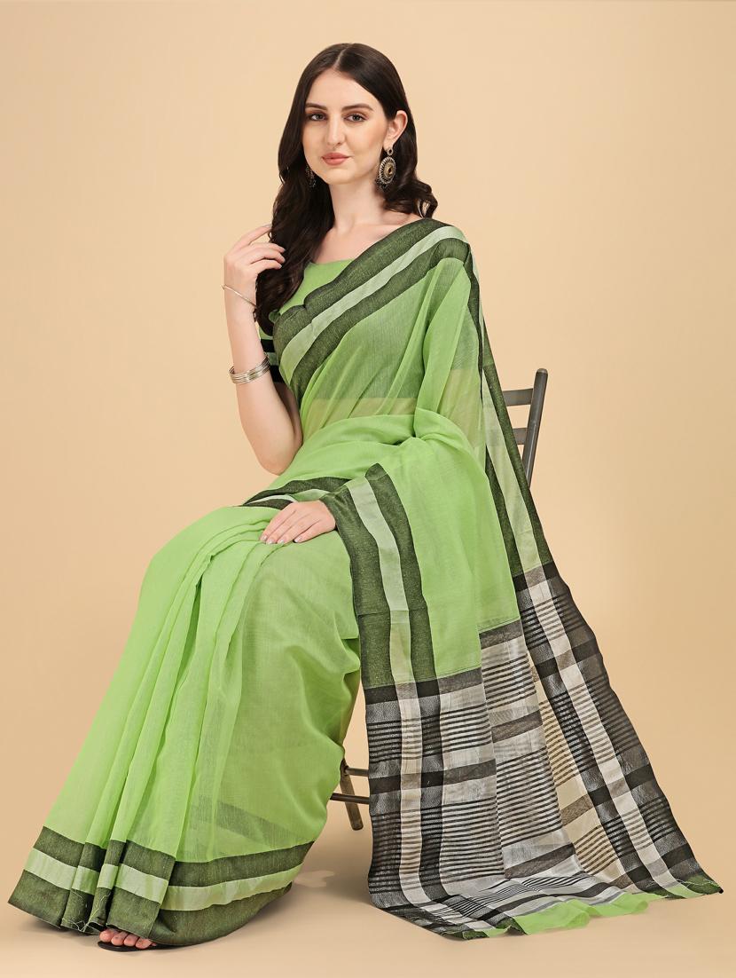 olive cotton chanderi saree with blouse - 19161212 - Standard Image - 3