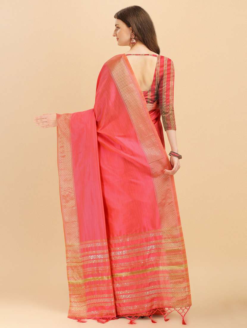 women's self design coral colored saree with blouse - 19161225 -  Standard Image - 3