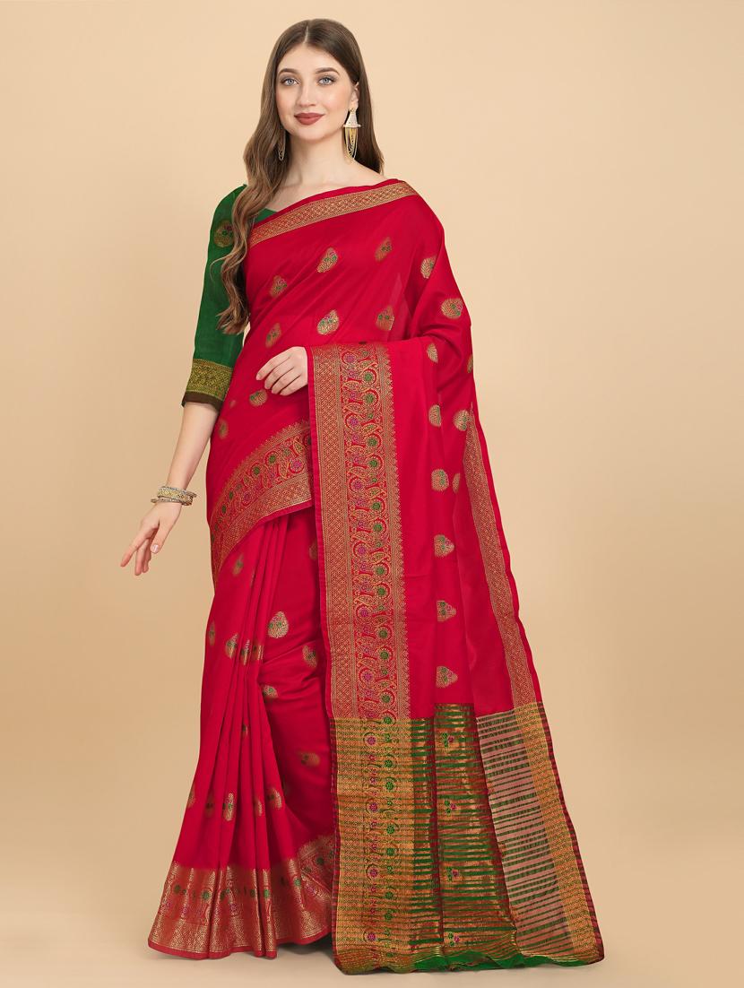 red silk banarasi saree with blouse - 19161247 -  Zoom Image - 0