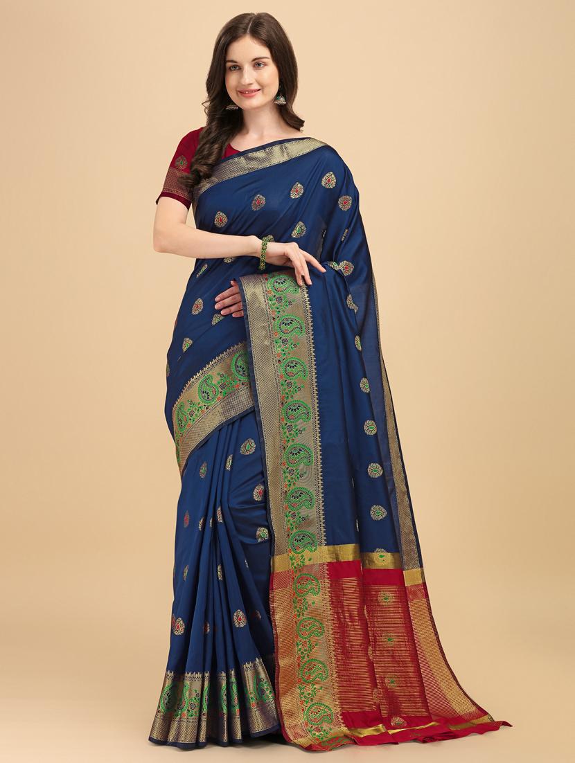 navy silk banarasi saree with blouse - 19161248 -  Zoom Image - 0