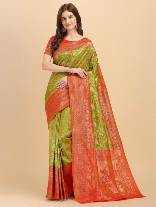 green silk banarasi saree with blouse - 19161291 - Standard Image - 0