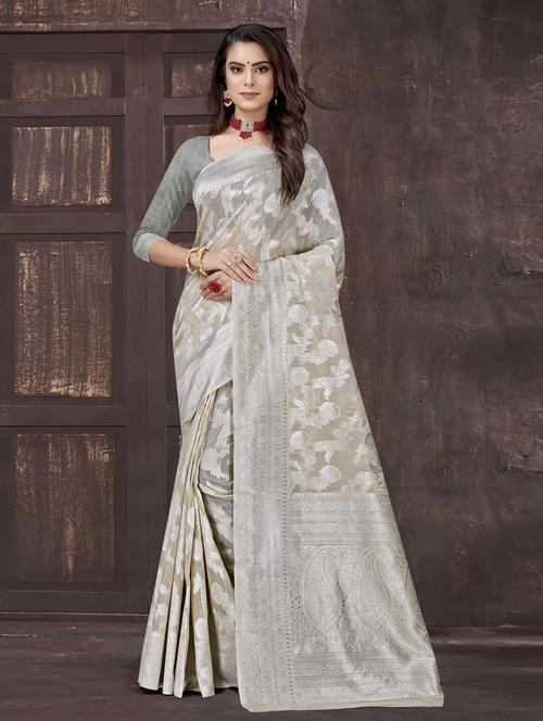 silver jacquard saree with blouse - 19163397 - Standard Image - 0