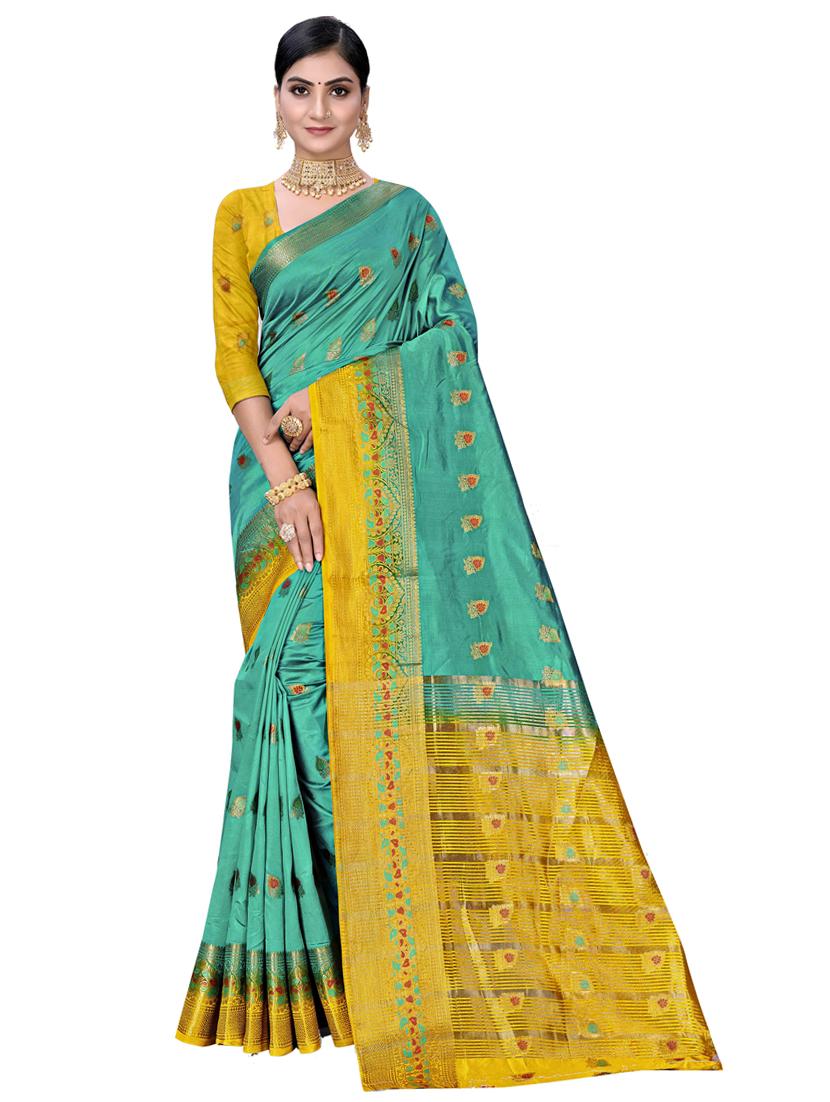 turquoise jacquard saree - 19163413 - Zoom Image - 0
