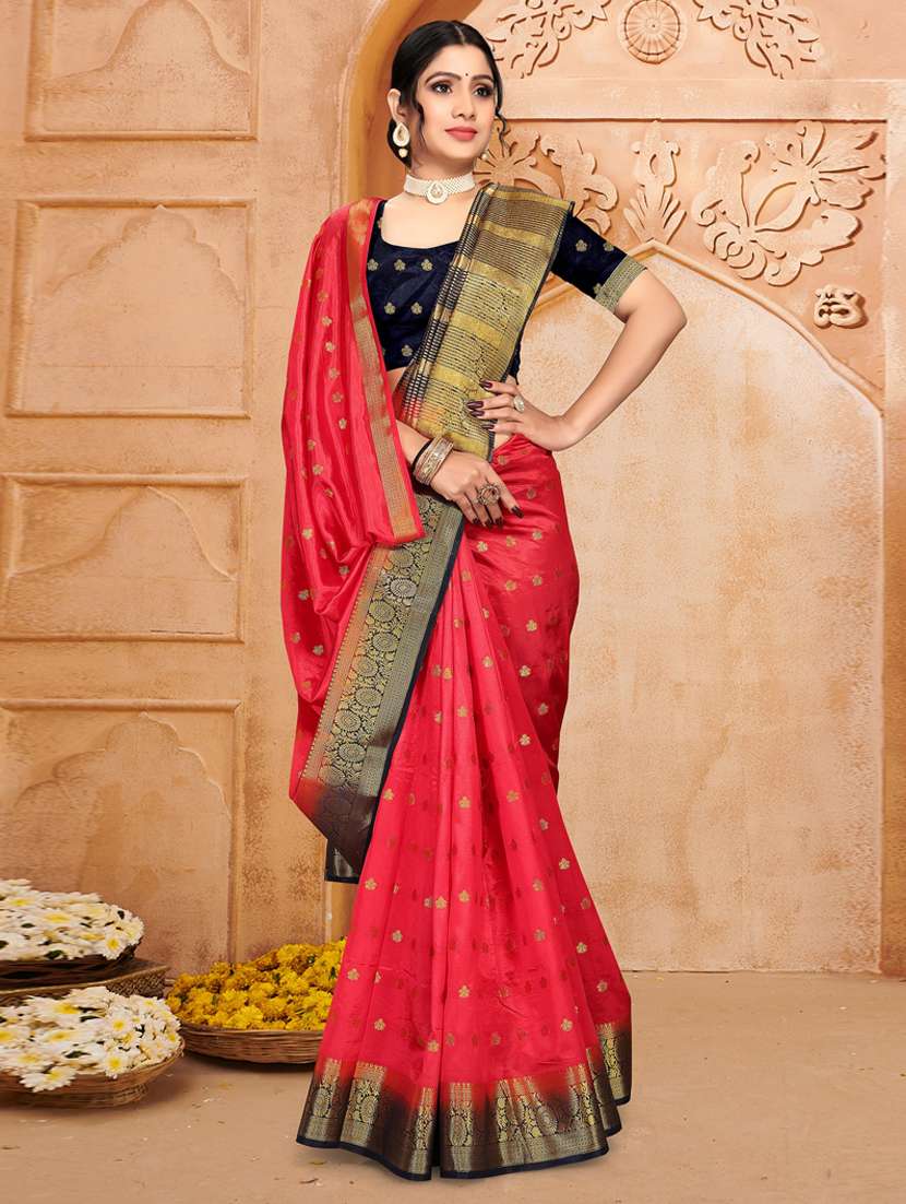 self design red saree set with blouse - 19163482 - Zoom Image - 0