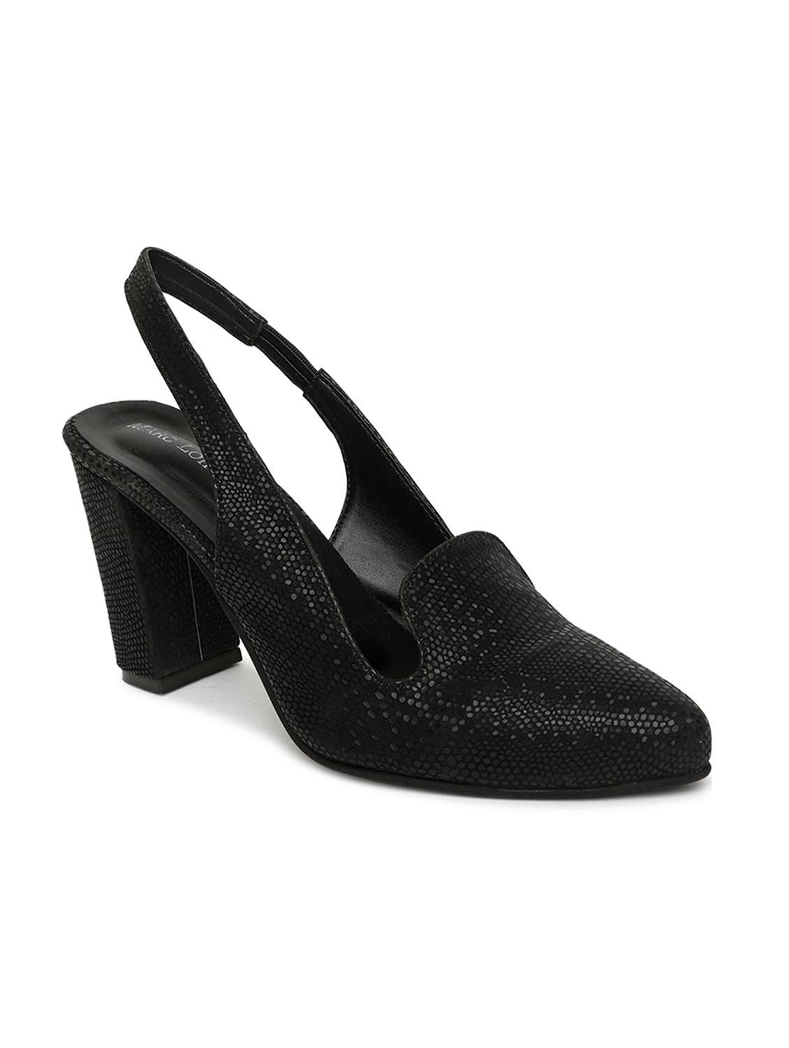 black synthetic back strap sandals