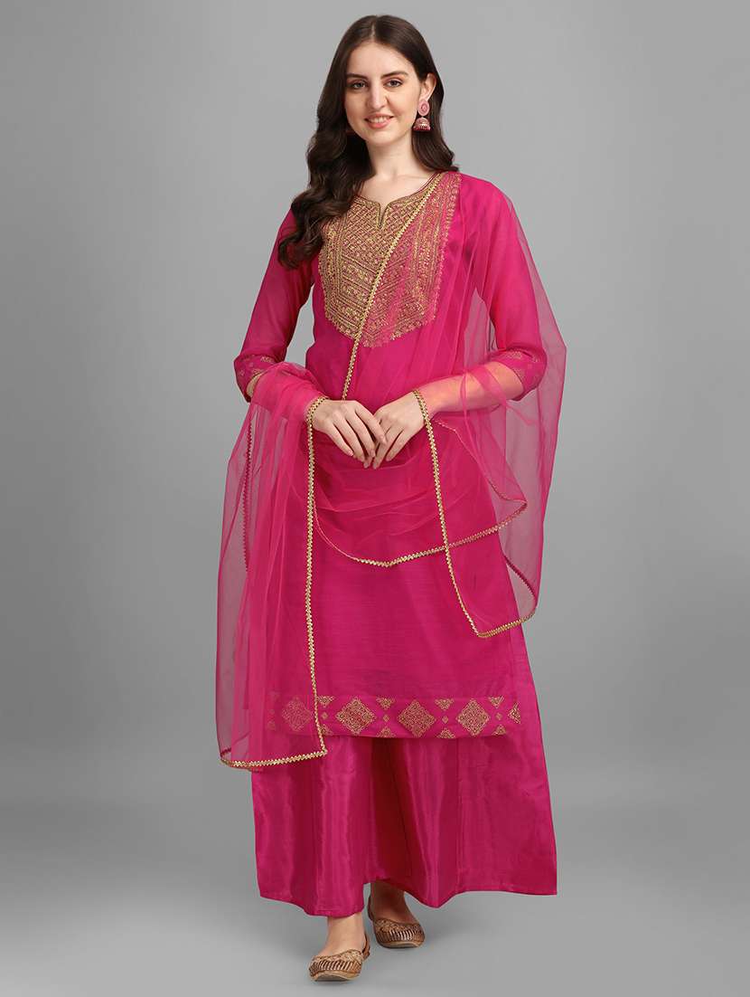 pink embroidered kurta palazzo with dupatta 