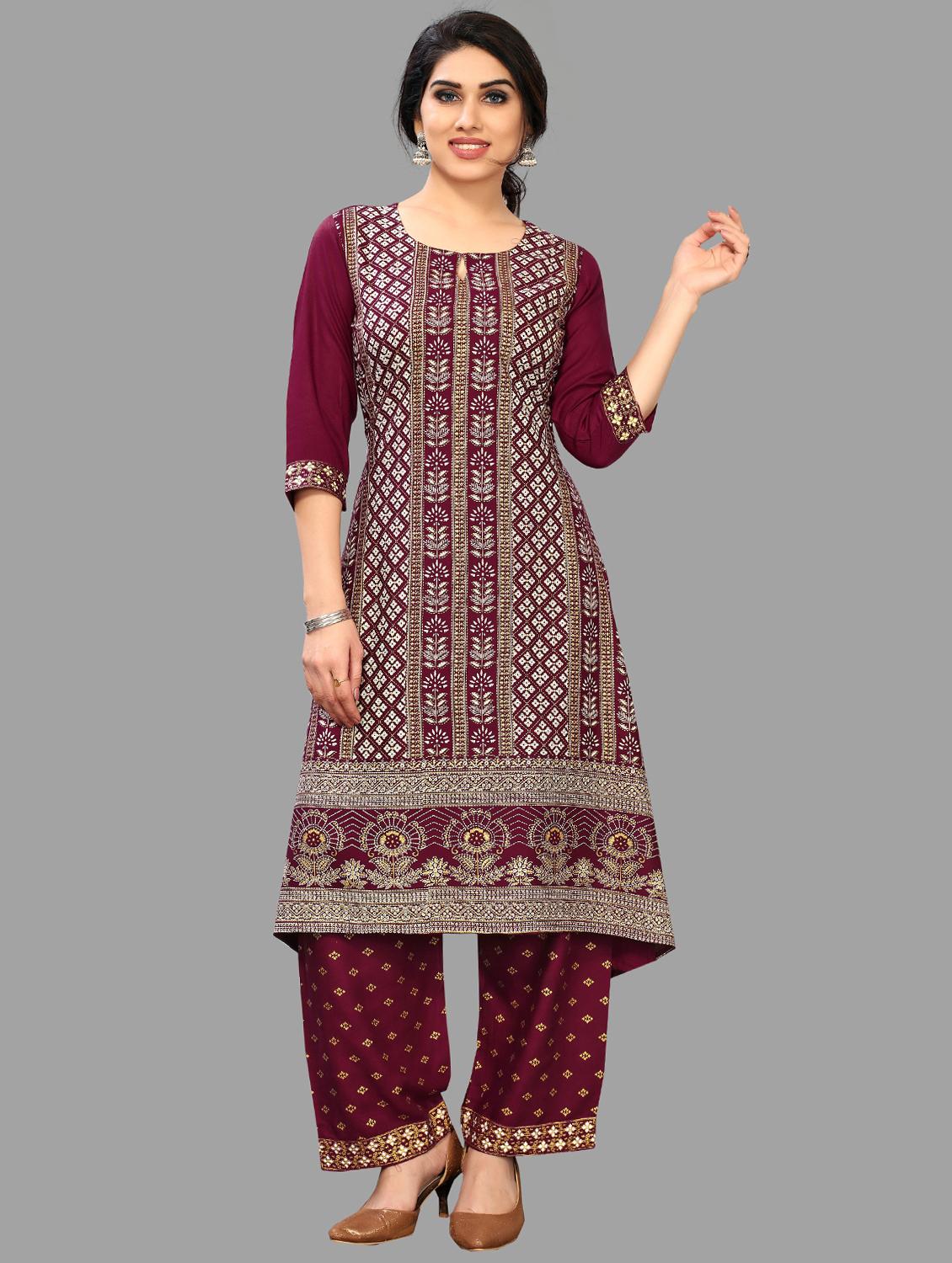purple viscose kurta palazzo set - 19169514 - Zoom Image - 0