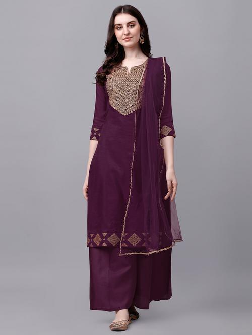purple chanderi kurta sharara set - 19169531 - Standard Image - 0