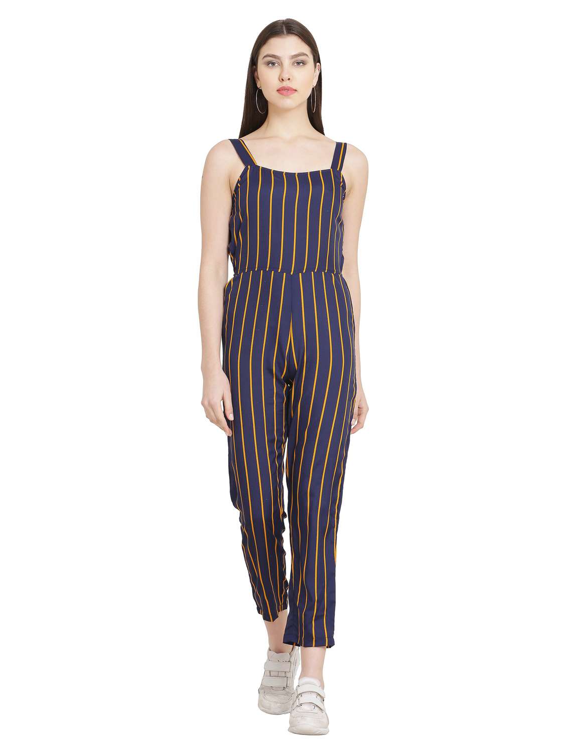 dark blue striped knee length jumpsuit - 19171530 - Zoom Image - 0