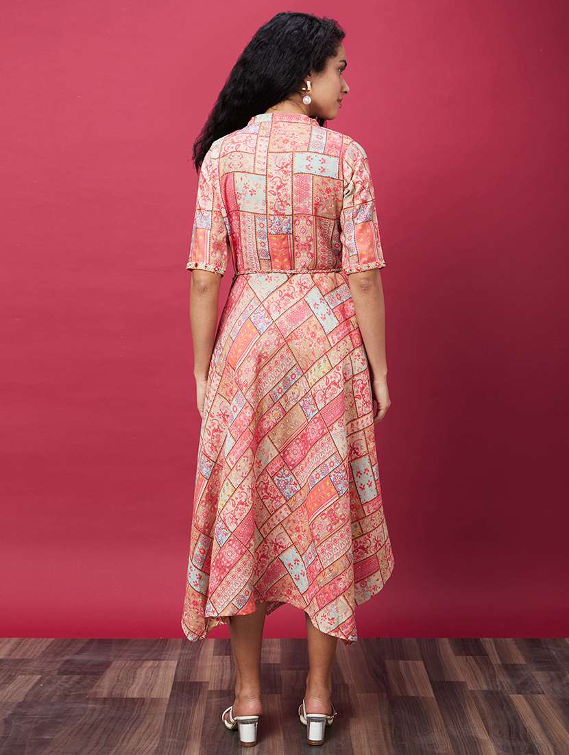 globus women coral floral patch print asymmetric hem a-line midi dress with tassel belt - 19172877 -  Standard Image - 3