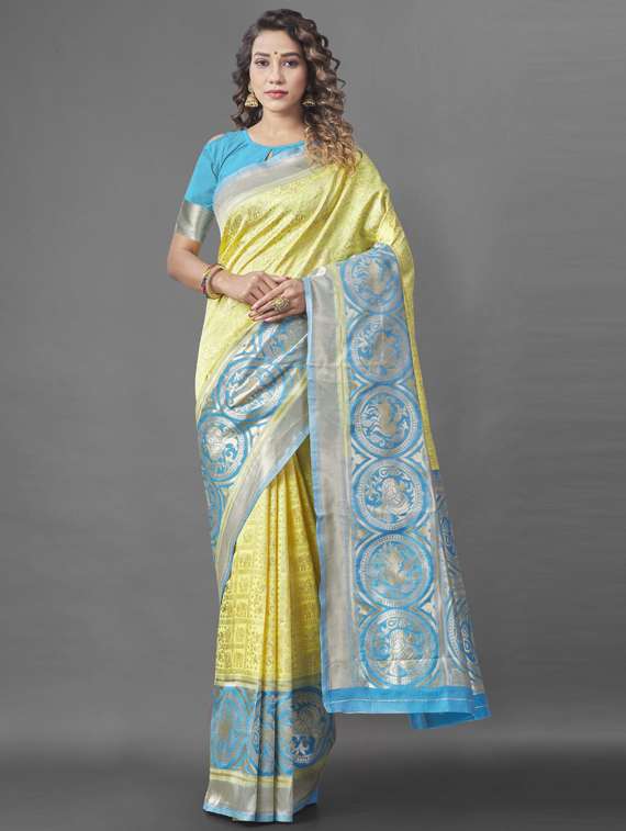 yellow art silk kanjivaram saree with blouse - 19173099 - Zoom Image - 0