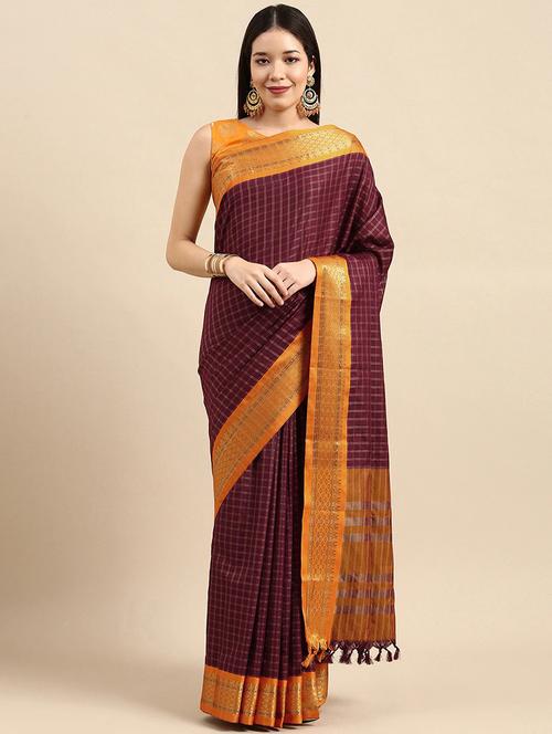 purple checkered saree set with blouse - 19175929 -  Standard Image - 0