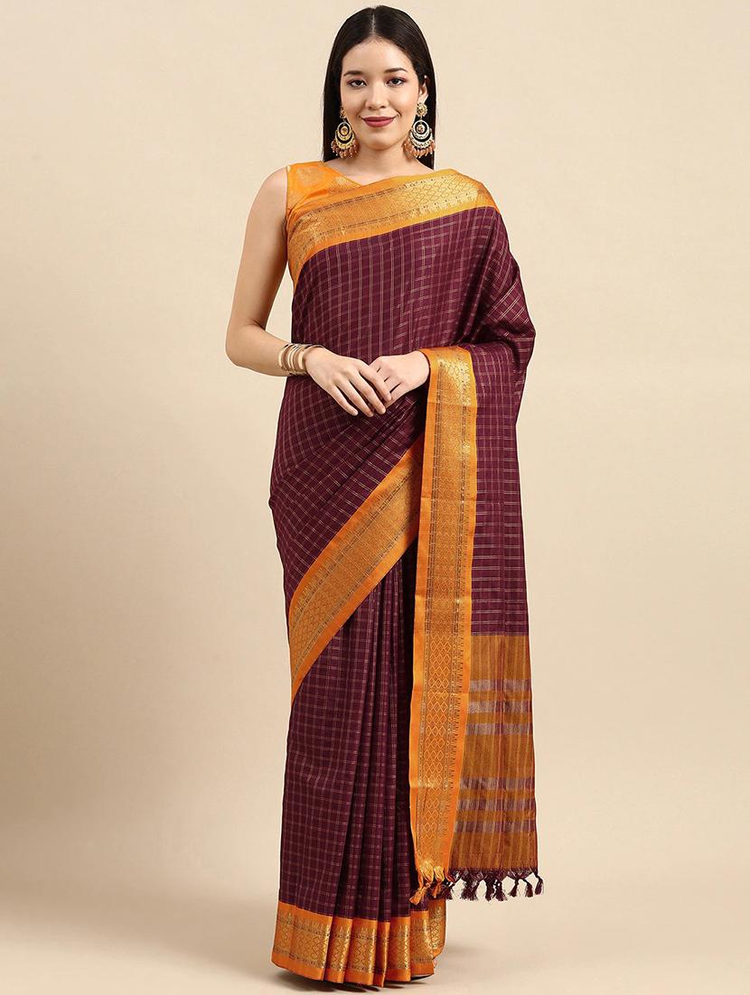 purple checkered saree set with blouse - 19175929 -  Zoom Image - 0