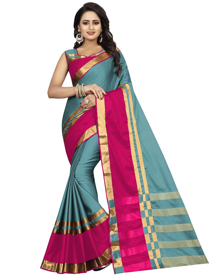 self design blue solid saree with blouse - 19175936 - Zoom Image - 0