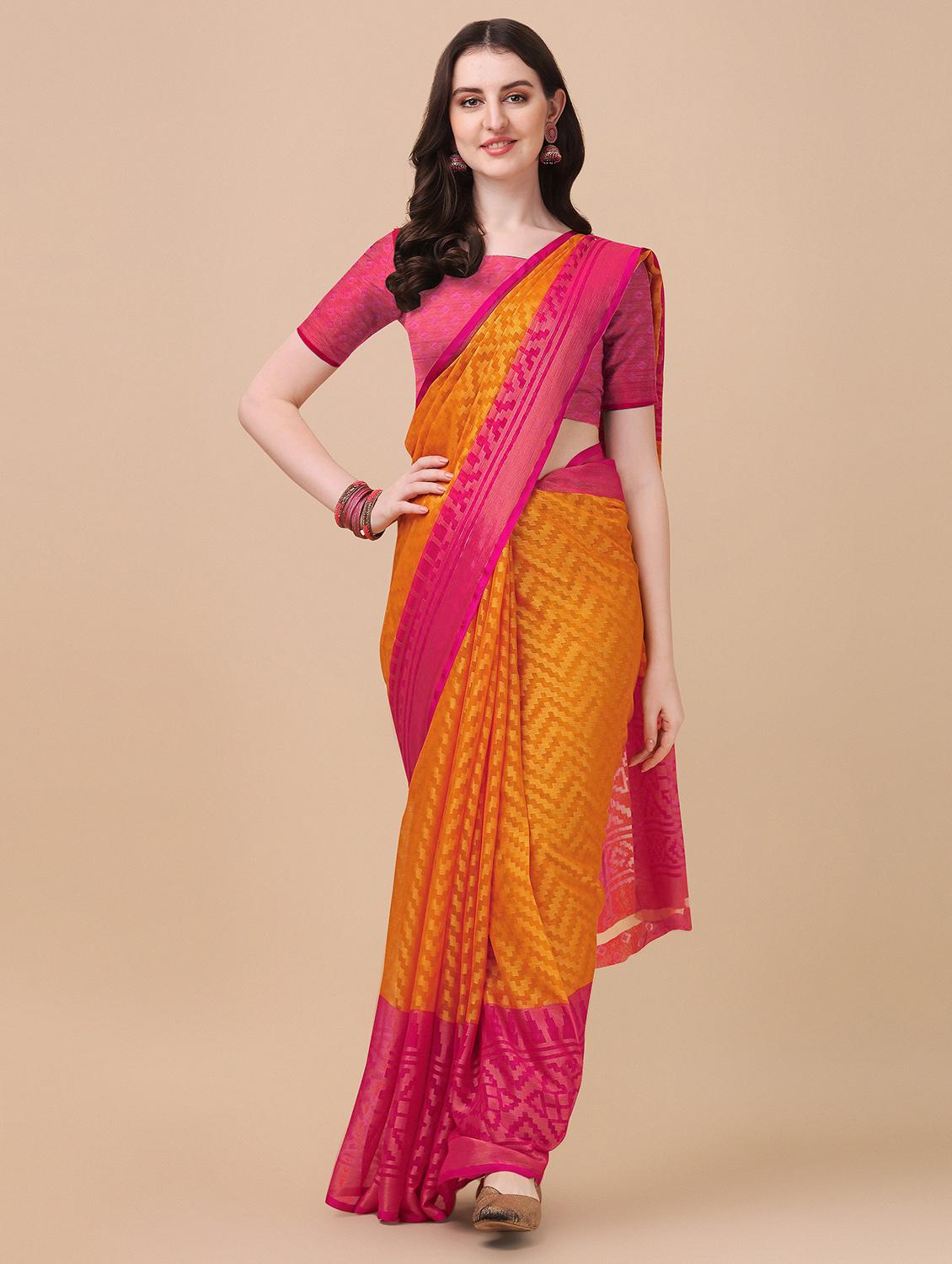 pink self design woven saree with blouse - 19176352 -  Zoom Image - 0