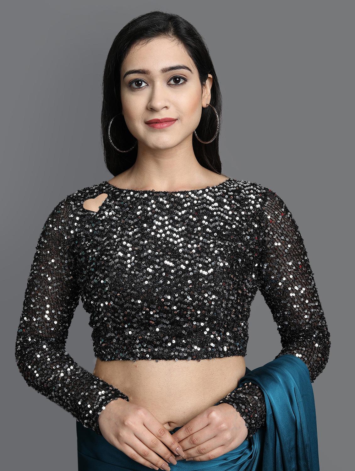 solid plain saree with sequin blouse piece with blouse - 19176394 - Standard Image - 3