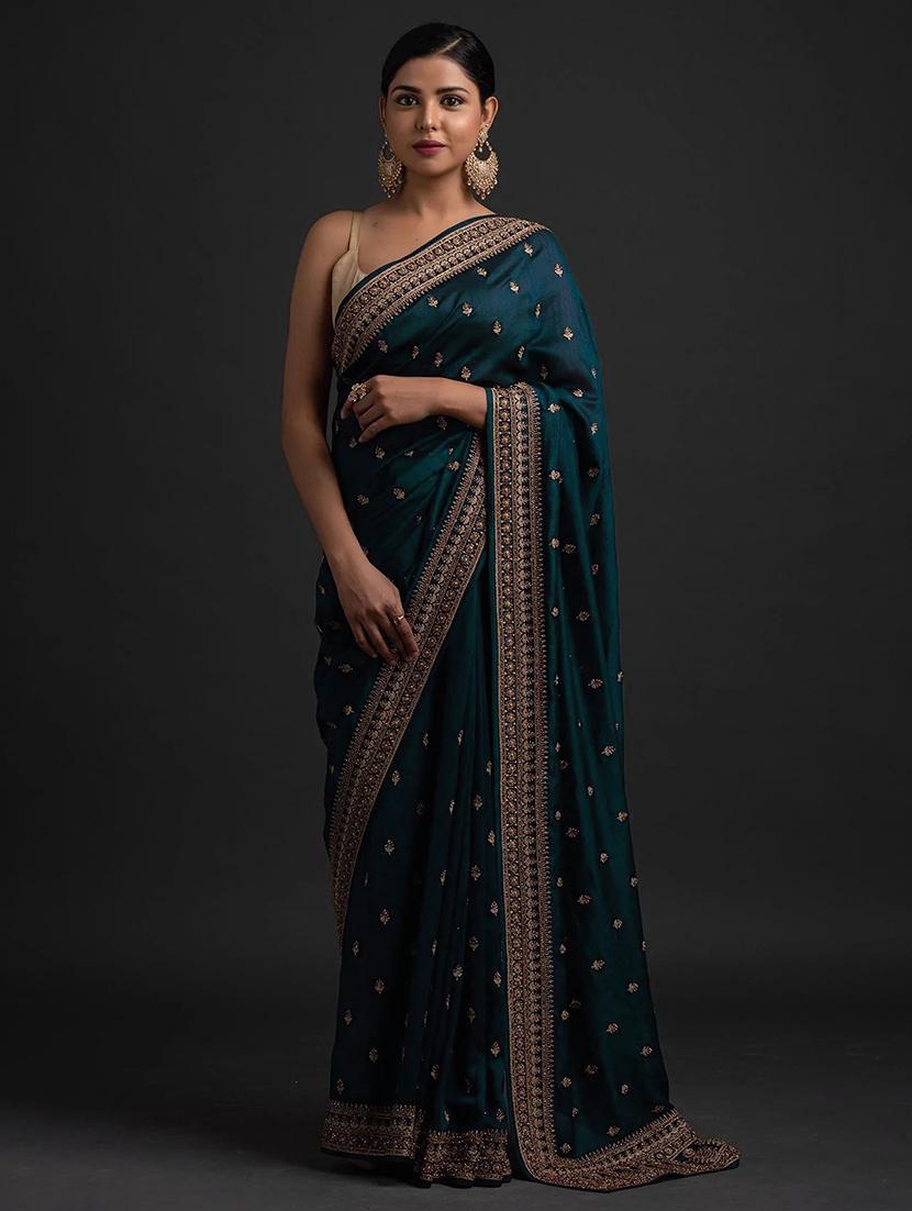 teal embroidered bordered saree with blouse - 19176549 -  Zoom Image - 0