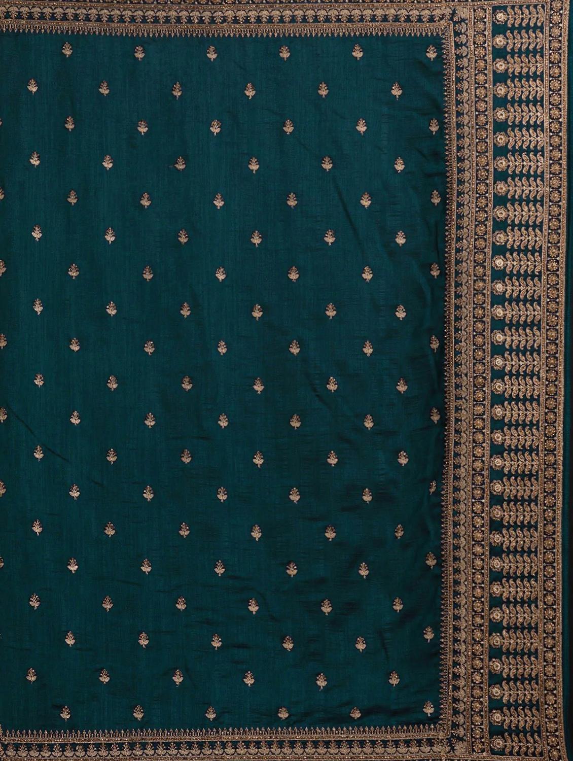 teal embroidered bordered saree with blouse - 19176549 - Standard Image - 5